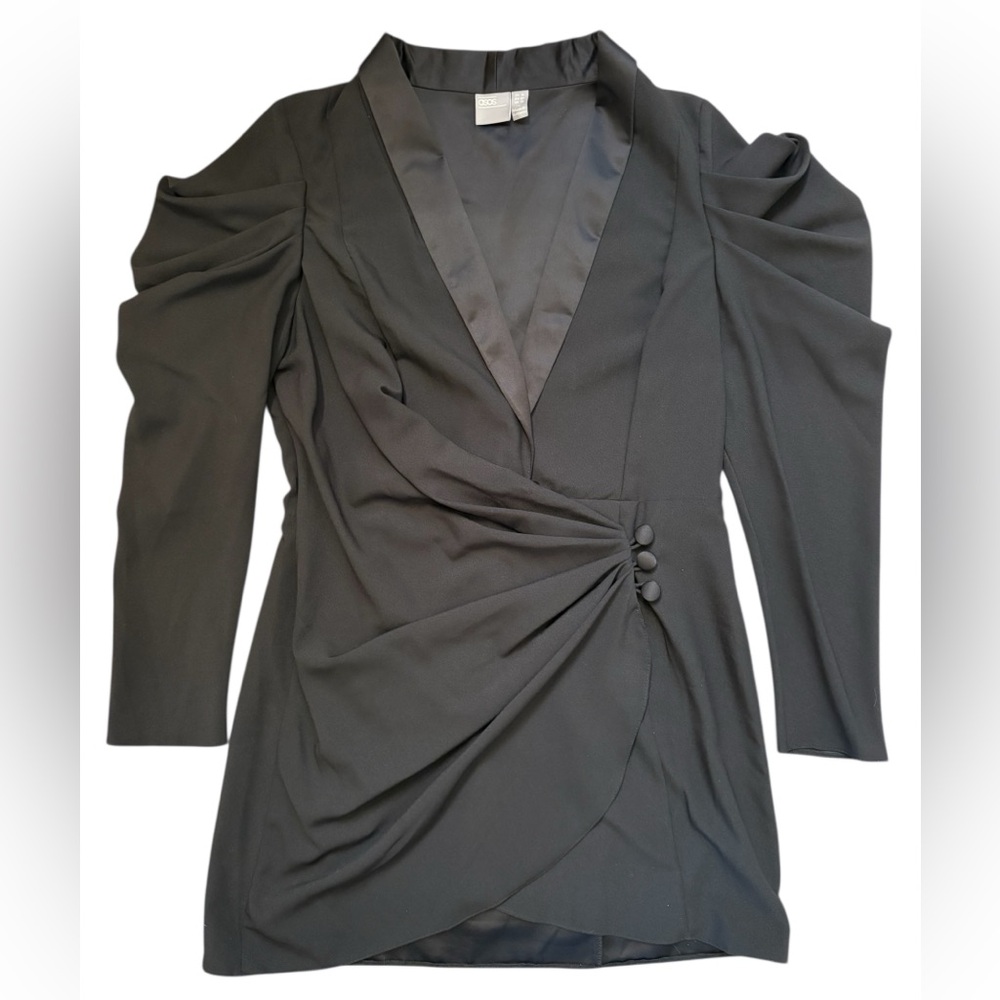 NWOT ASOS Drape Front Black Tuxedo Mini Dress Puff Sleeve Women’s Size 12 - Picture 7 of 13